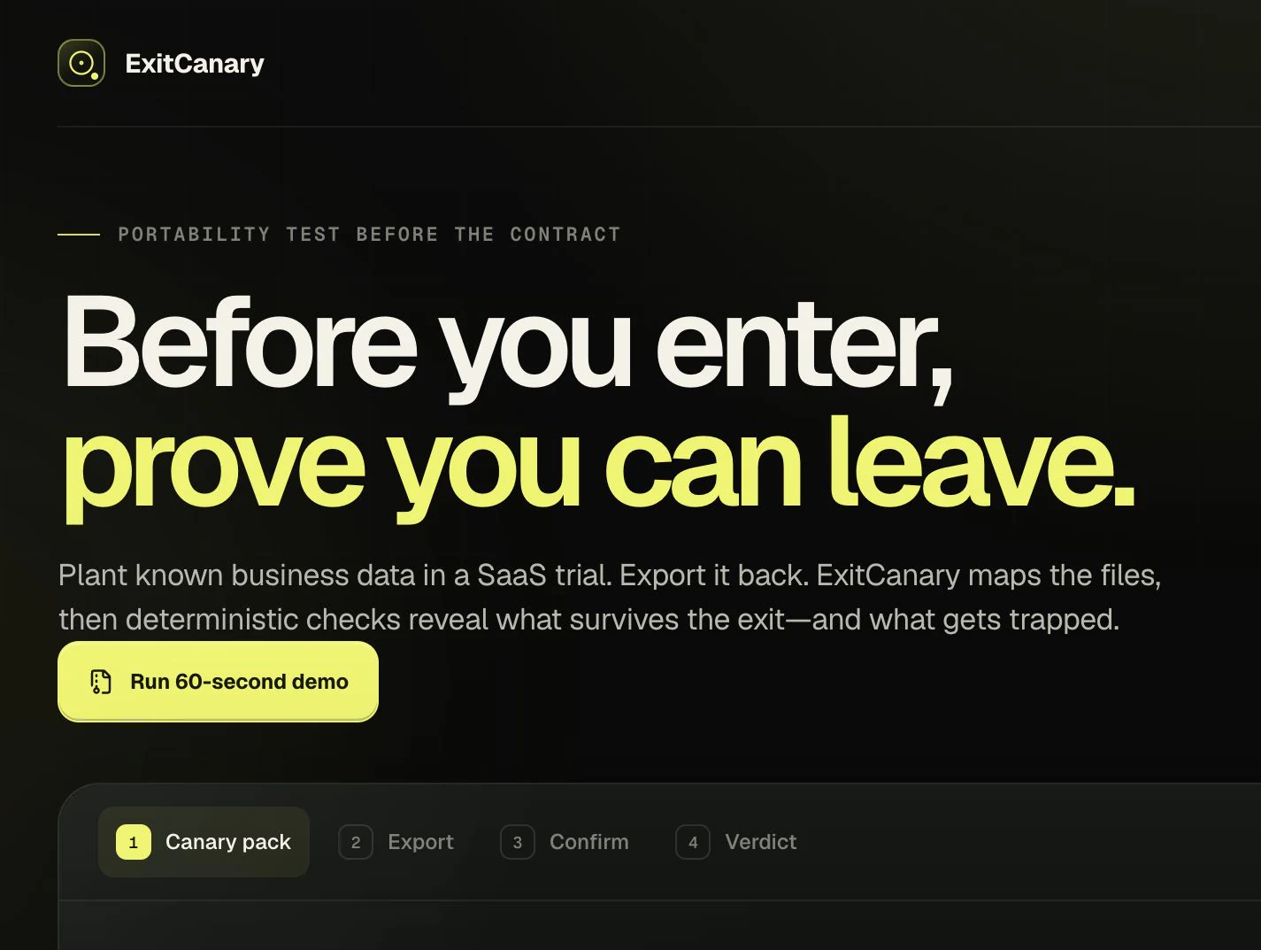 ExitCanary portability test showing a known CRM canary and export verification flow