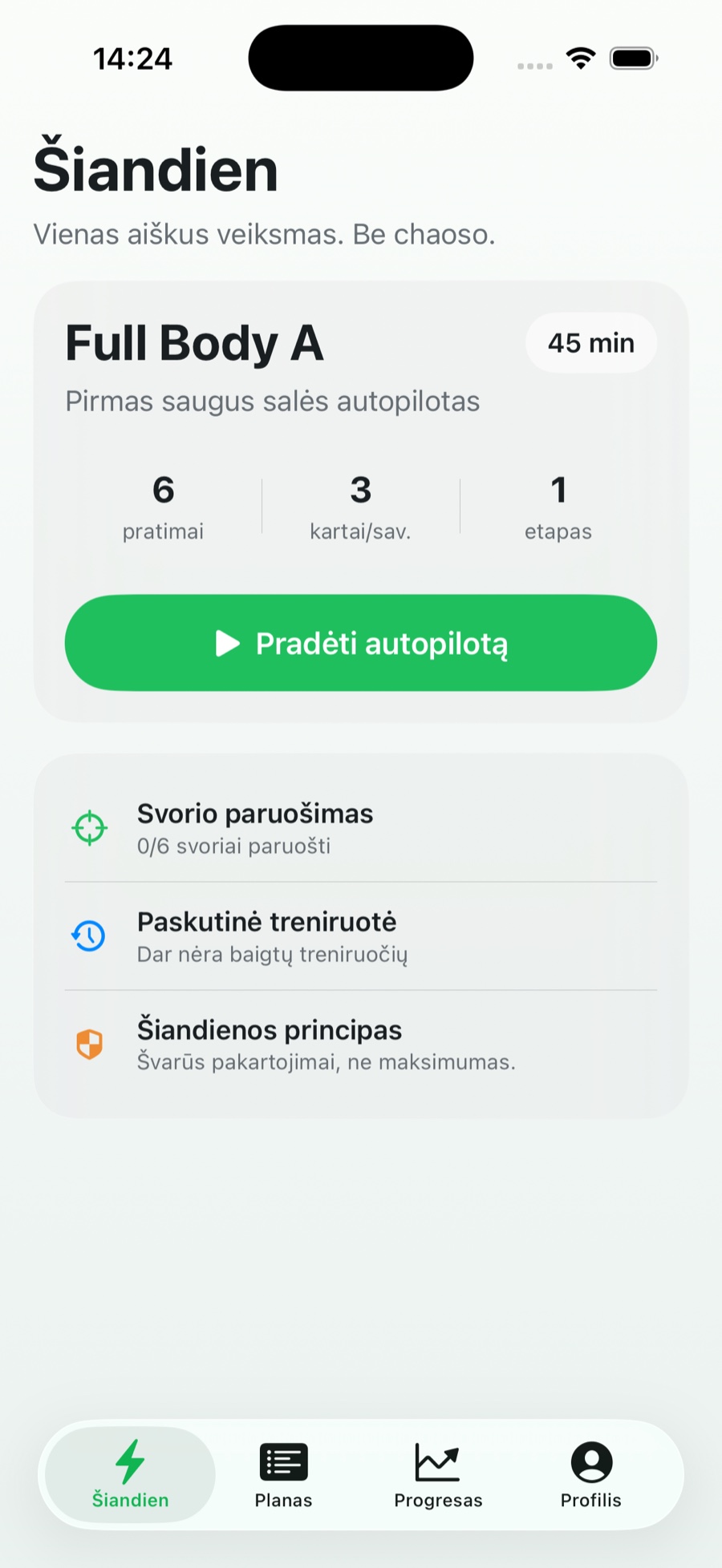 GymPilot native iPhone Šiandien ekranas