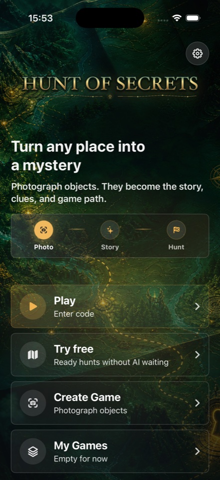 Hunt of Secrets natyvaus meniu ekranas