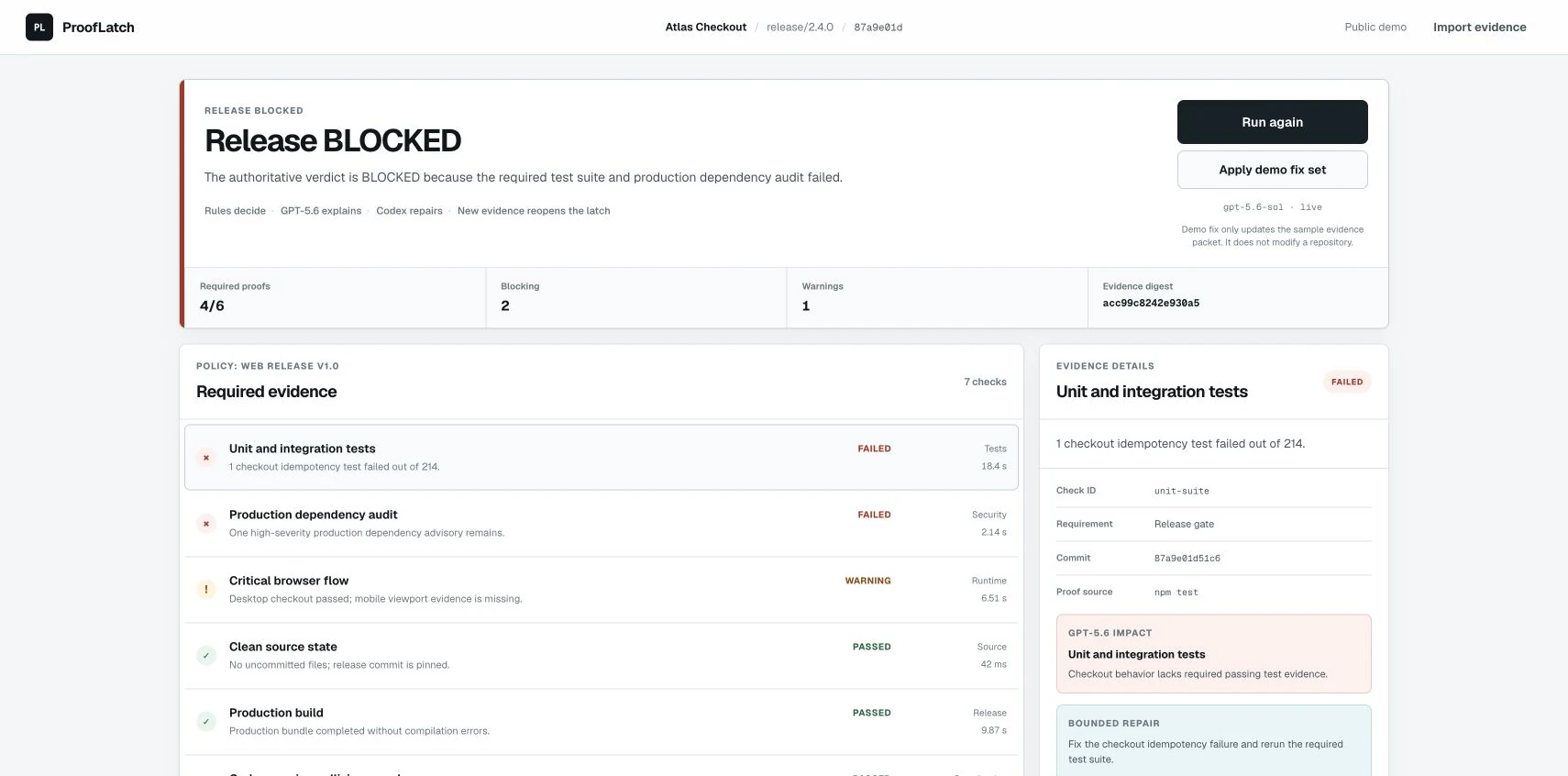 ProofLatch release decision desk showing failed evidence and a blocked verdict